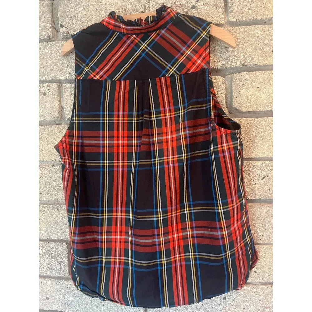 J.Crew Plaid Sleeveless Ruffle Neck Blouse In Vibrant Multicolor Tartan Pattern - Picture 5 of 5